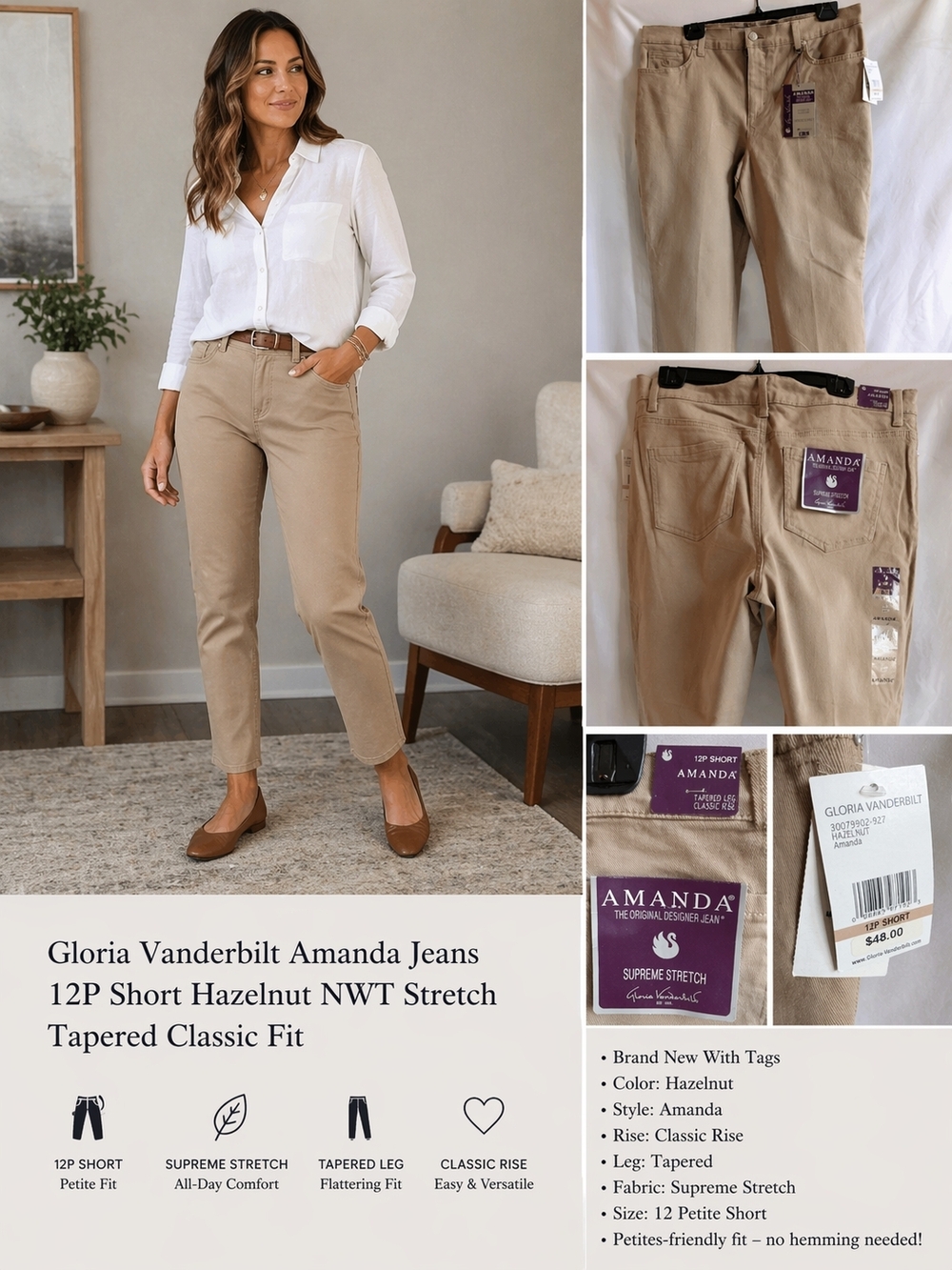 Gloria Vanderbilt Amanda Jeans 12PShort Hazelnut NWT Stretch Tapered Classic Fit